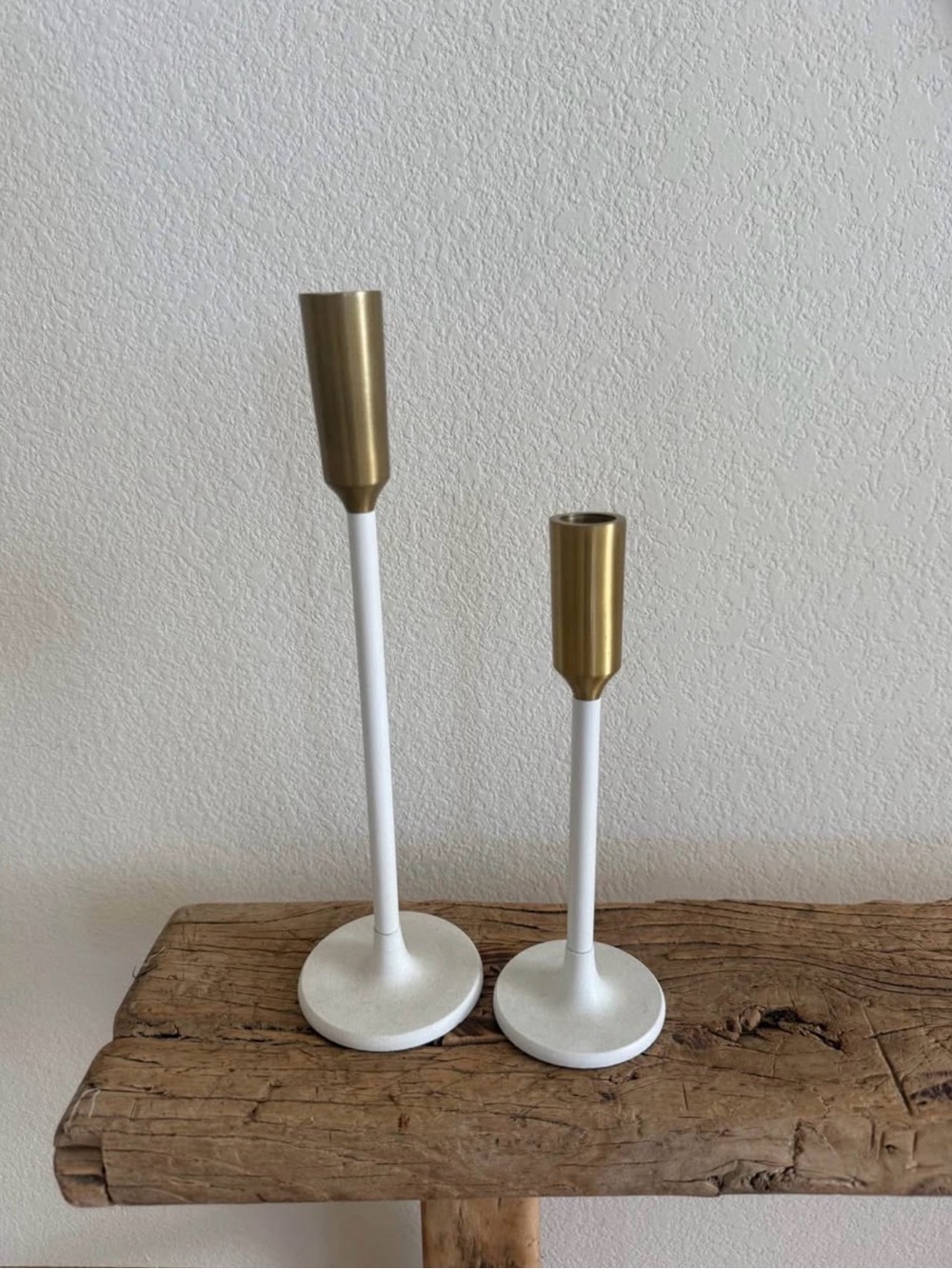 World Market white & gold taper candle holders